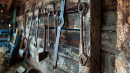 Detailed close-up of rustic tools with rust, hanging in perfect order on a farm shed wall, rich textures and vintage feel - Powered by Adobe