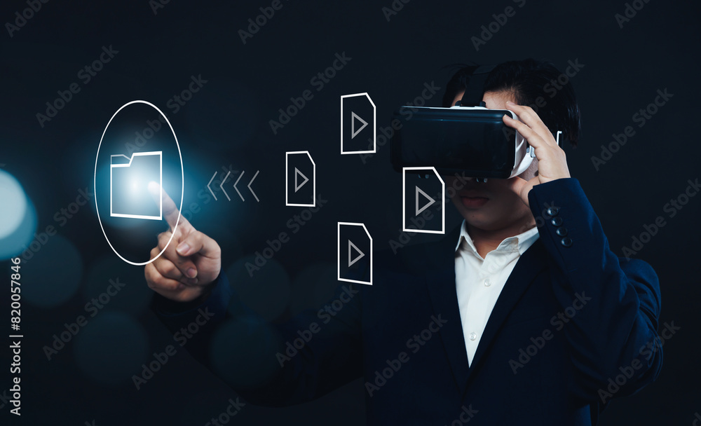 Poster businessman worker using vr virtual reality augment headset gear folder data and document management