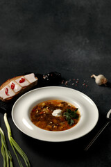 Green Borscht with nettles and sorrel. Garlic, lard sandwich