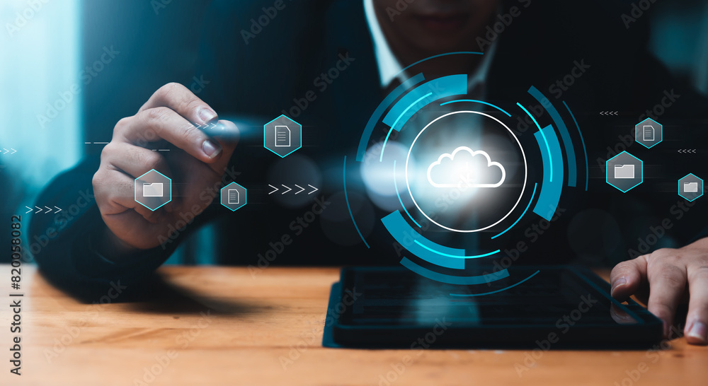 Poster businessman online internet cloud storage sharing data transferring information with others, sharing