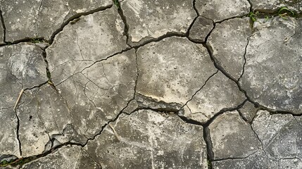 Fototapeta premium Detailed close-up of cracked cement sidewalk, intricate patterns of fractures in the concrete foundation