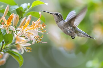 Fototapeta premium A beautiful scene of a hummingbird sipping nectar from a honeysuckle flower, its long beak inserted into the trumpetshaped bloom