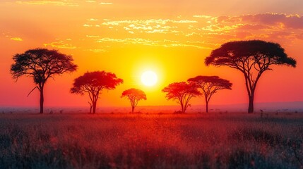 Against the backdrop of fiery hues The shadows of the acacia trees stretch across the meadow.