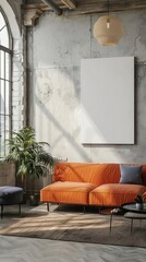 high quality white mockup image of beautiful modern industrial studio interior with orange blue furniture for hanging a vertical long painting on wall