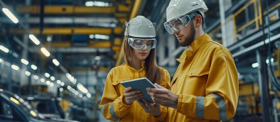Industrial engineers in a modern factory collaborate using a tablet to optimize processes for production efficiency. They wear safety gear like yellow coveralls, hard hats, and safety glasses