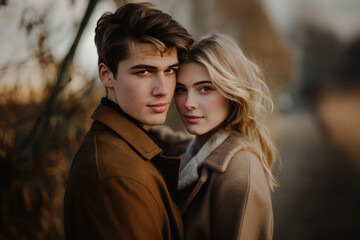 Fototapeta premium Elegant Young Couple in Autumn Setting: Stylish Outdoor Portrait