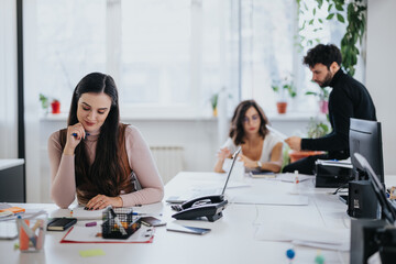 Focused professionals in a modern office setting with laptops, collaborating and working...