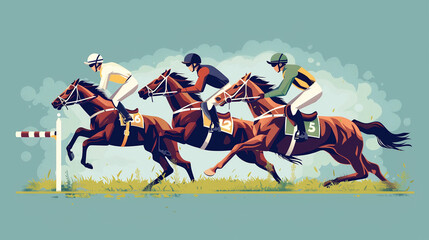 Three jockeys in vibrant uniforms race their horses towards the finish line, leaping over a hurdle on a grassy track. The dynamic scene captures the intensity