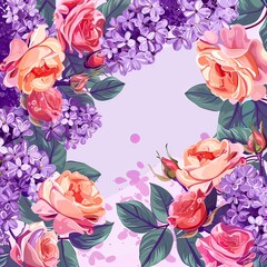 Corner to corner simlpe background with illustration vibrant english roses, jasmine flowers, lilac flowers