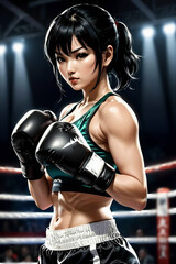 Asian black-haired woman wearing boxing gloves in the ring. MMA fighter, sports competition, anime style