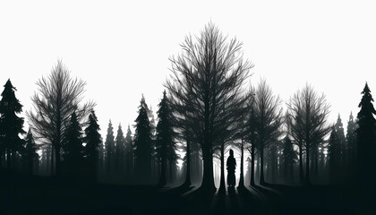 Silhouettes of forest trees isolated on white. Person in the forest, dark atmosphere