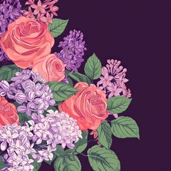 Corner to corner simlpe background with illustration vibrant english roses, jasmine flowers, lilac flowers