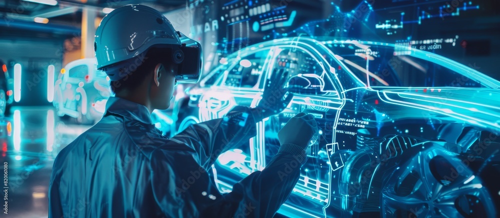 Poster An engineer is developing a futuristic cars digital interface in a hightech lab, showcasing advanced automotive technology. The work focuses on digital transformation and smart technology