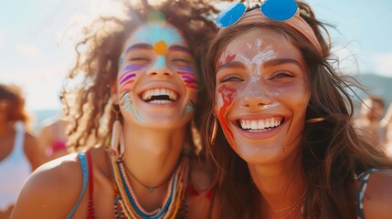 Festival grounds, friends with face paint, laughing together, closeup shot, bright tones, joyful and fun