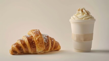 Crisp close-up of a croissant next to a latte cup with art, perfect for marketing, isolated background, studio lighting