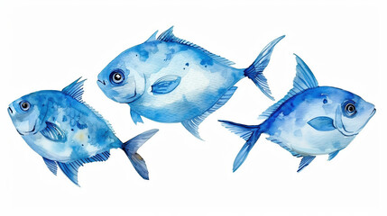Set of blue fish isolated on white background. Watercolour illustration, hand drawn