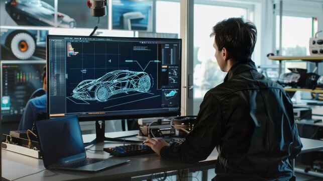 In a contemporary workplace, a professional engineer utilizes specialized computer tools for designing a cuttingedge vehicle, highlighting advancements in automotive technology and imaginative ideas