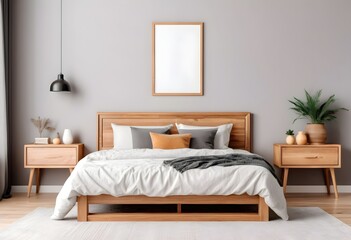 Realistic Wooden home bedroom interior with bed and nightstand with decor. Mockup frame wall