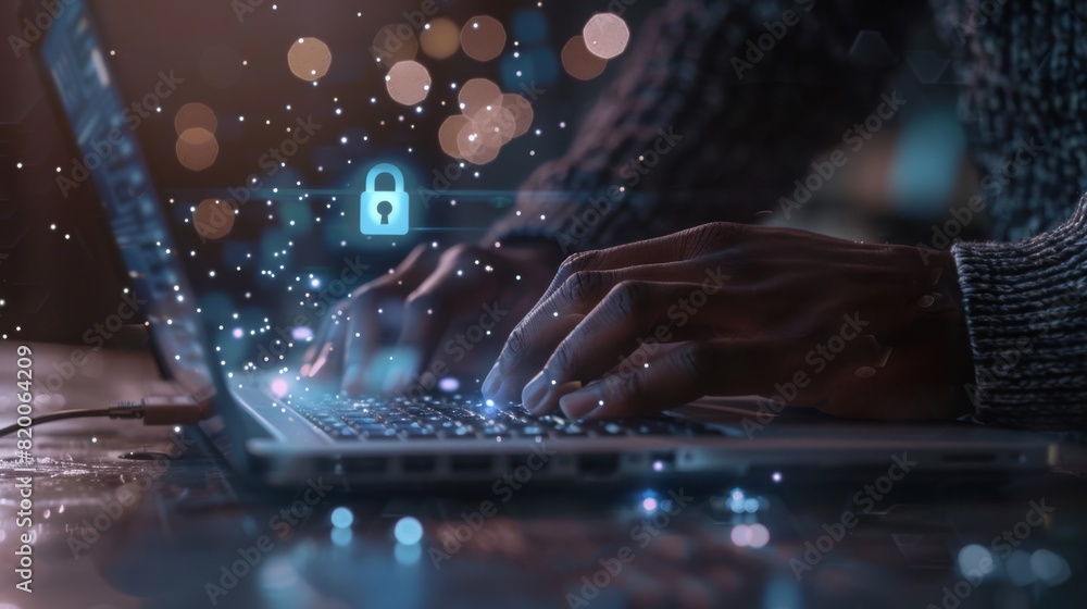 Poster cybersecurity concept with encrypted lock