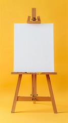 Large easel with blank canvas ready for painting isolated on yellow background