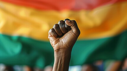 Individual raising fist in front of South African flag