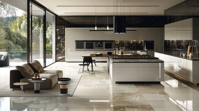 Modern kitchen interior with sleek furniture and contemporary lighting