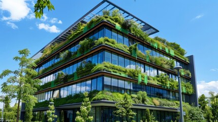 Fototapeta premium Eco-friendly modern office building with extensive green roofing and solar panel installations, promoting energy efficiency and sustainability