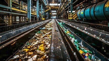 Obraz premium Image of a recycling plant processing various types of waste, illustrating the principles of reduce-reuse-recycle in action