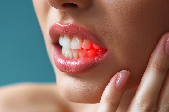 Woman with toothache, periodontal disease in wisdom teeth, gum inflammation, dental pain