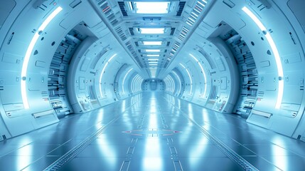 Fototapeta premium Corridor tunnel of space station ship, glowing futuristic panels of blue color.