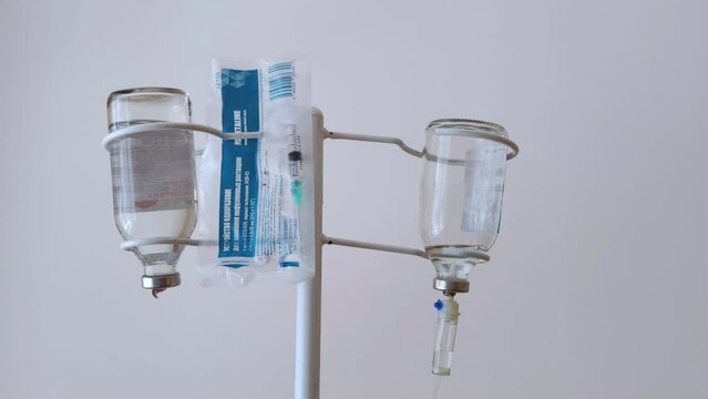 Closeup of IV drip in hospital, Intravenous saline solution.