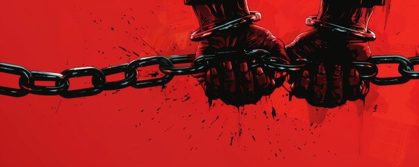 Two hands are chained to a metal chain on a vibrant red background