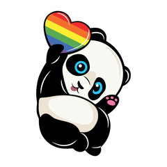 Cute little panda holding a rainbow LGBT heart. Pride month sticker