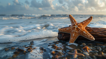 Starfish on the beach with sand, sea, and a star under the summer sky