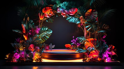 Neon jungle themed product podium with wild, colorful foliage and bright lights