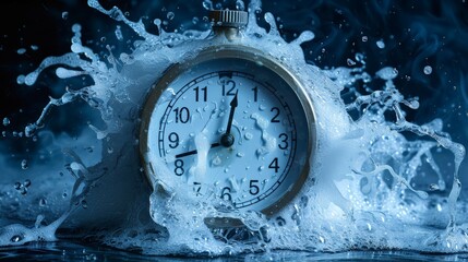 Aesthetic image thermostat among flowing electric currents, Old-fashioned clock submerged in splashing water, representing passage time and fluidity. Dramatic water splash around classic clock.