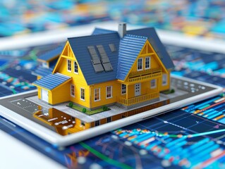 Close-up energy bill analysis with digital tablet, Miniature model of yellow house on a tablet with architectural plans. Concept of real estate, property development, and modern construction.
