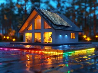 Close-up energy bill analysis with digital tablet,  Cozy house illuminated at night with colorful lights reflected on wet ground. Modern architecture with large windows glowing warmly.