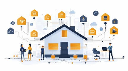 Dynamic background electric currents with family setting up home energy management system, Illustration smart home with interconnected devices people interacting, modern technology, connectivity.