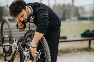 A focused businessman multitasks by repairing his bicycle chain and having a business conversation...