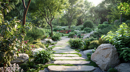 Obraz premium a meticulously curated pathway through a botanical haven, where each stepstone is a portal to a different view of greenery and each plant contributes to a harmonious outdoor composition.