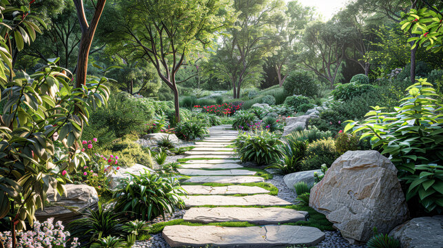 a meticulously curated pathway through a botanical haven, where each stepstone is a portal to a different view of greenery and each plant contributes to a harmonious outdoor composition.