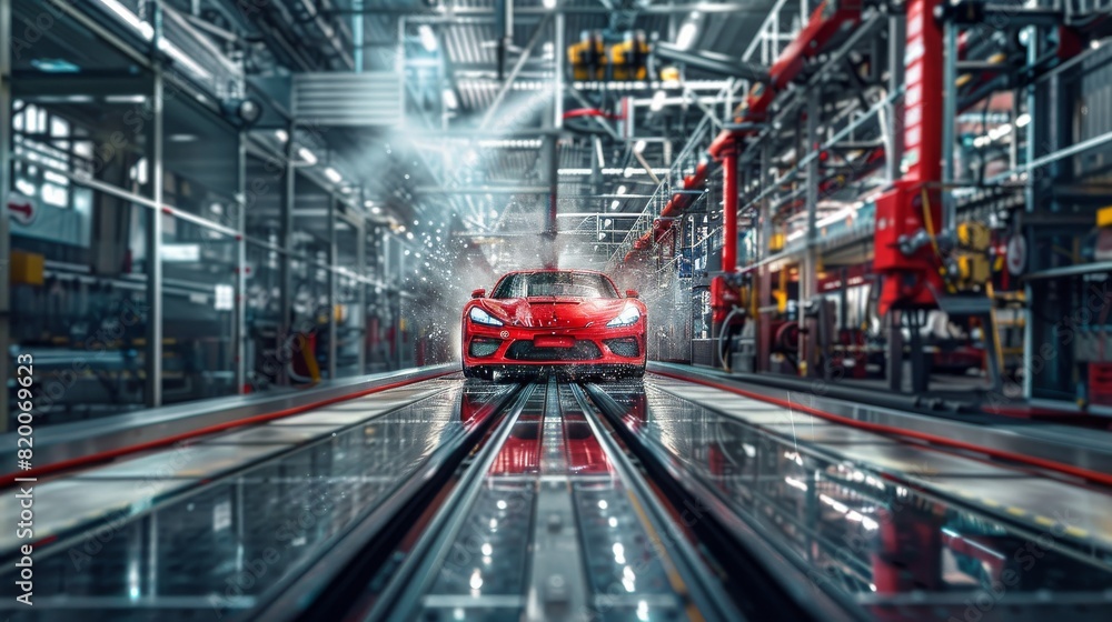 Poster a modern car manufacturing facility showcases a red sports car amidst an advanced assembly line proc