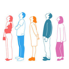 Group of men, women and teenagers standing, profile, looking up, different colors, cartoon character, silhouettes of standing people, flat icon design concept, hand drawn vector illustration isolated 