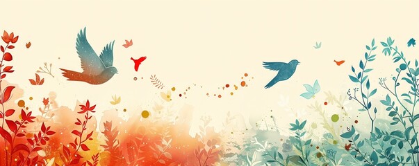Painting of birds soaring above a vibrant field of blooming flowers