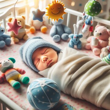 Un bambino che dorme serenamente nel lettino, con una giostrina musicale che pende sopra di lui, proiettando luci soffuse.





