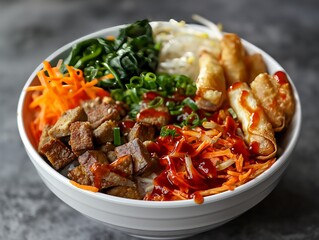 A bowl of food with meat, vegetables, and sauce. The bowl is white and has a variety of colors and textures. The food looks delicious and inviting