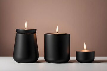 Set of 3 matte black ceramic scented candle mockup, product photography background