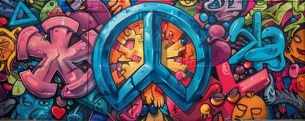A graffiti-covered wall with a prominent peace sign painted on it