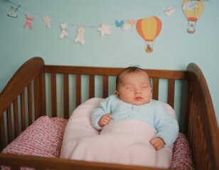 Un bimbo addormentato nel suo lettino, avvolto in una coperta soffice e colorata.
